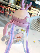 Kids Cute Bear Cartoon Straw Cup with Carry Strap and Measurement Marks - Stain-Resistant, Portable Water Bottle