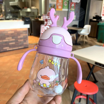 Kids Cute Bear Cartoon Straw Cup with Carry Strap and Measurement Marks - Stain-Resistant, Portable Water Bottle