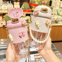 Water Bottle Pearl Hand Chain Glass Cups with Straw and Lid Bubble Tea Cup Leakproof Water Bottles Outdoor Portable Girl's Cups