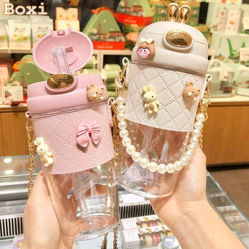 Water Bottle Pearl Hand Chain Glass Cups with Straw and Lid Bubble Tea Cup Leakproof Water Bottles Outdoor Portable Girl's Cups