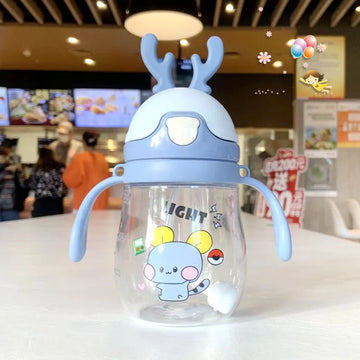 Kids Cute Bear Cartoon Straw Cup with Carry Strap and Measurement Marks - Stain-Resistant, Portable Water Bottle